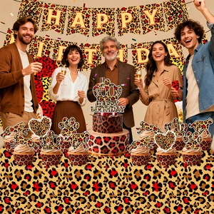 Leopard print birthday party decoration set with banners and cake toppers for celebrations