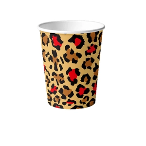 Leopard print disposable paper cups with red accents for birthday party table decor