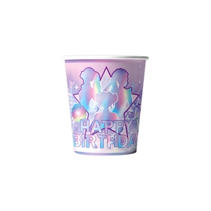 Gobelets en papier de fête Kpop avec dégradé violet rose et silhouettes d'anime stylisées