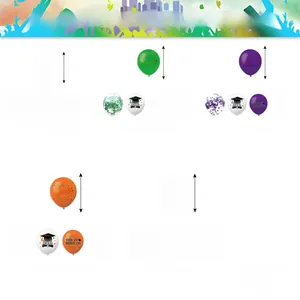 Macro detail of 12-inch graduation balloons with celebratory text for party decor