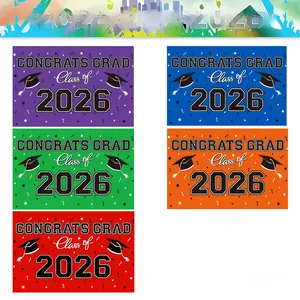 Detail showing Class of 2026 graduation banners in five vibrant colors with festive motifs