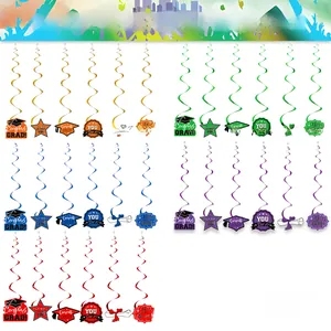 Colorful graduation party hanging swirls with Congrats GRAD cards for class of 2026 decor