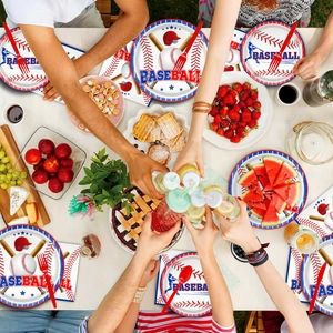 Detail von Baseball Themen Partygeschirr Set mit Papptellern, Servietten und roten Gabeln