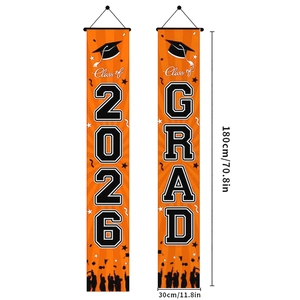 Orange Class of 2026 graduation porch banners with hanging stars and doctoral cap designs
