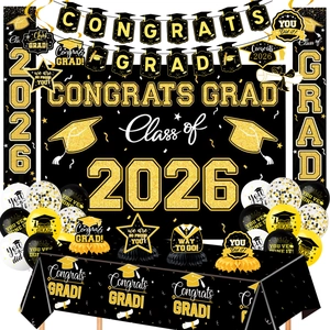 Detailed Class of 2026 graduation party kit with black and gold banners and balloons