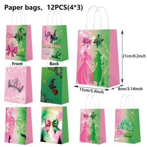 Viste dettagliate e dimensioni di 12 sacchetti regalo per feste fantasy in rosa e verde