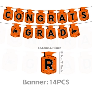 Close-up of Congrats Grad banner flags with size specifications for graduation decor