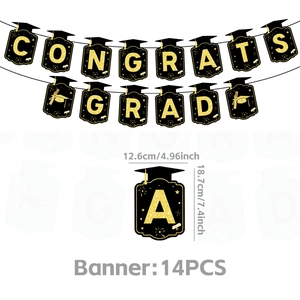 Detail of Congrats Grad black and gold graduation banner with glitter cardstock dimensions