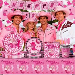 Pink cowgirl party tableware set with disco ball, cowboy hat prints and birthday banners