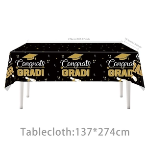 Detail view of black and gold 137x274cm Congrats GRAD rectangular tablecloth