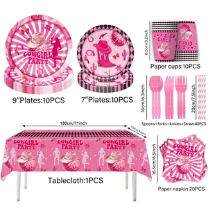 Pink Cowgirl Party tableware set with disco ball and cactus designs on plates and cups
