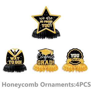 Detail view of 4PCS black and gold graduation party honeycomb centerpieces with graduation caps