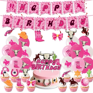 Pink cowgirl birthday party set with banner, balloons, and cowboy boot cake toppers