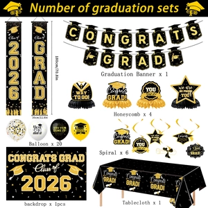 Detailed components of 2026 graduation party kit in black and gold with 180cm banners