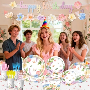 Partygeschirr Set mit Blumen und Schmetterlingen inkl. Happy Birthday Banner