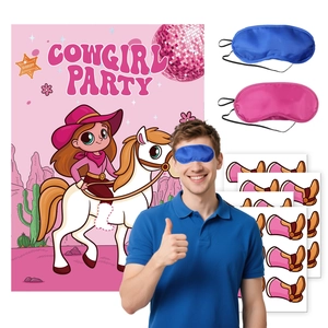 Pink cowgirl party game set with horse poster, blindfold masks and boot stickers