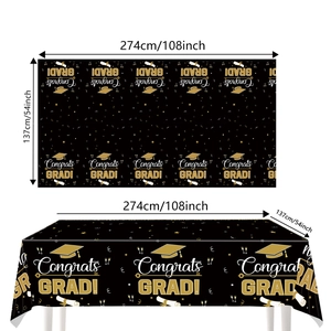 Waterproof black and gold Congrats GRAD table cover for 2026 graduation party supplies