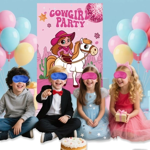 Pink cowgirl party backdrop with horse rider cartoon for girl's birthday decoration