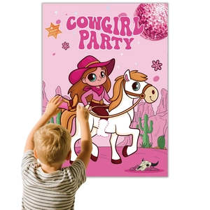 Pink cowgirl party game poster with cartoon girl on horse and disco ball decor