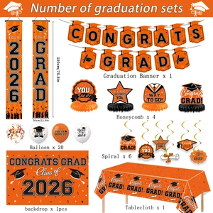 Orange and black 2026 graduation party kit with banners, balloons and honeycomb centerpieces