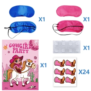 Cowgirl birthday party game set including poster, eye masks, and 24 pink boot stickers