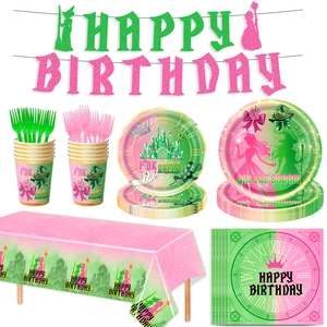 Set stoviglie per festa a tema strega rosa e verde con piatti e striscione compleanno