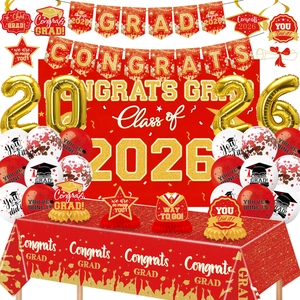 2026 graduation party kit with red and gold balloons, banners and table covers