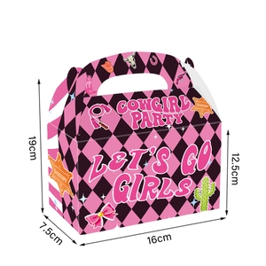 Cowgirl party favor box with pink checkered pattern and Western sheriff theme icons