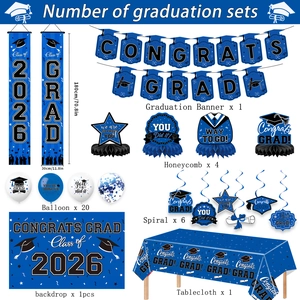Blue 2026 graduation party decoration set with banner, balloons and honeycomb centerpieces