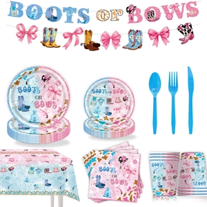 Boots or Bows gender reveal party tableware set with blue and pink cowboy theme