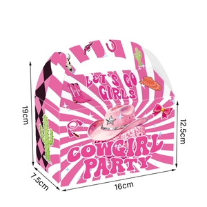 Pink cowgirl theme party gift box with size measurements of 16cm x 7.5cm x 19cm