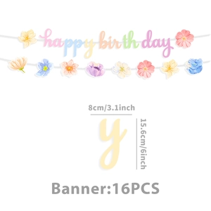 Detail van Floral Happy Birthday banner met 16-delige aquarel bloemenletterkaarten