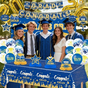 2026 Graduation Party Decorations with Navy Gold Balloons and Banner Backdrop Set