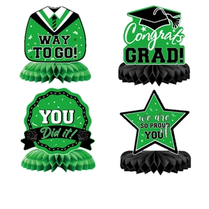 Green and black graduation honeycomb centerpieces with Congrats Grad and Way To Go slogans