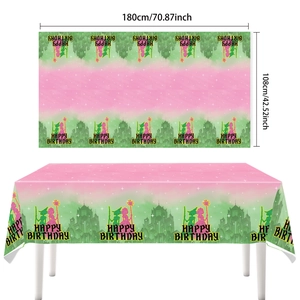 Dettaglio tovaglia Wicked rosa e verde Happy Birthday 180x108cm per decorazioni da festa
