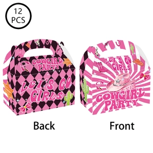 Set of 12 pink western cowgirl party gift boxes with checkered patterns and cowboy boots
