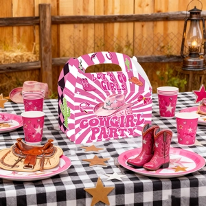 Pink Cowgirl Party gift boxes and disposable paper tableware set with western elements
