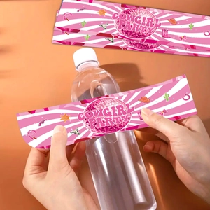 Water bottle labels with disco ball and cowgirl party theme on a plastic bottle