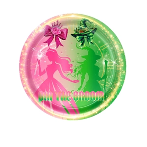 Piatto di carta rosa e verde a tema Wicked Witch con design del gioco Pin the Broom