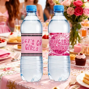 Water bottle labels with Let's Go Girls and Cowgirl Party pink disco theme designs