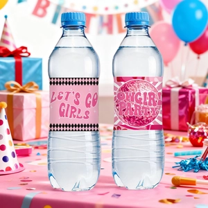 Pink cowgirl party water bottle labels with disco ball and checkerboard patterns