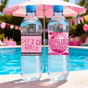 Custom pink cowgirl theme water bottle labels for disco birthday party table decor
