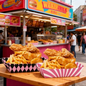 Hot pink cowgirl theme disposable paper food trays with fried chicken and French fries