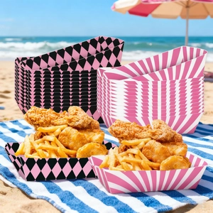 Pink and white stripe disposable food trays for cowgirl themed party tableware
