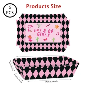 Detailed size specifications for pink western cowboy theme party snack trays with dimensions
