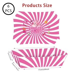 Detail of pink cowgirl party paper food trays with western hats and boots, 6pcs set