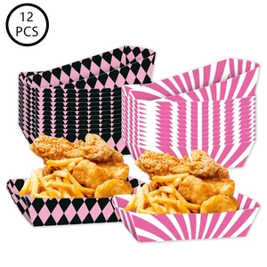 Pack of 12 disposable paper food trays with pink cowgirl party patterns for snacks