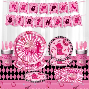 Pink Cowgirl Theme Birthday Party Decoration Supplies Disposable Paper Plates Cups Napkins Banner Balloons Western Theme