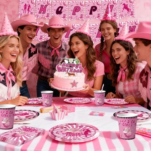 Pink cowgirl theme birthday party tableware set with plates, napkins and banners