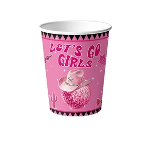 Pink cowgirl party paper cups featuring 'LET'S GO GIRLS' slogan and disco hat motifs